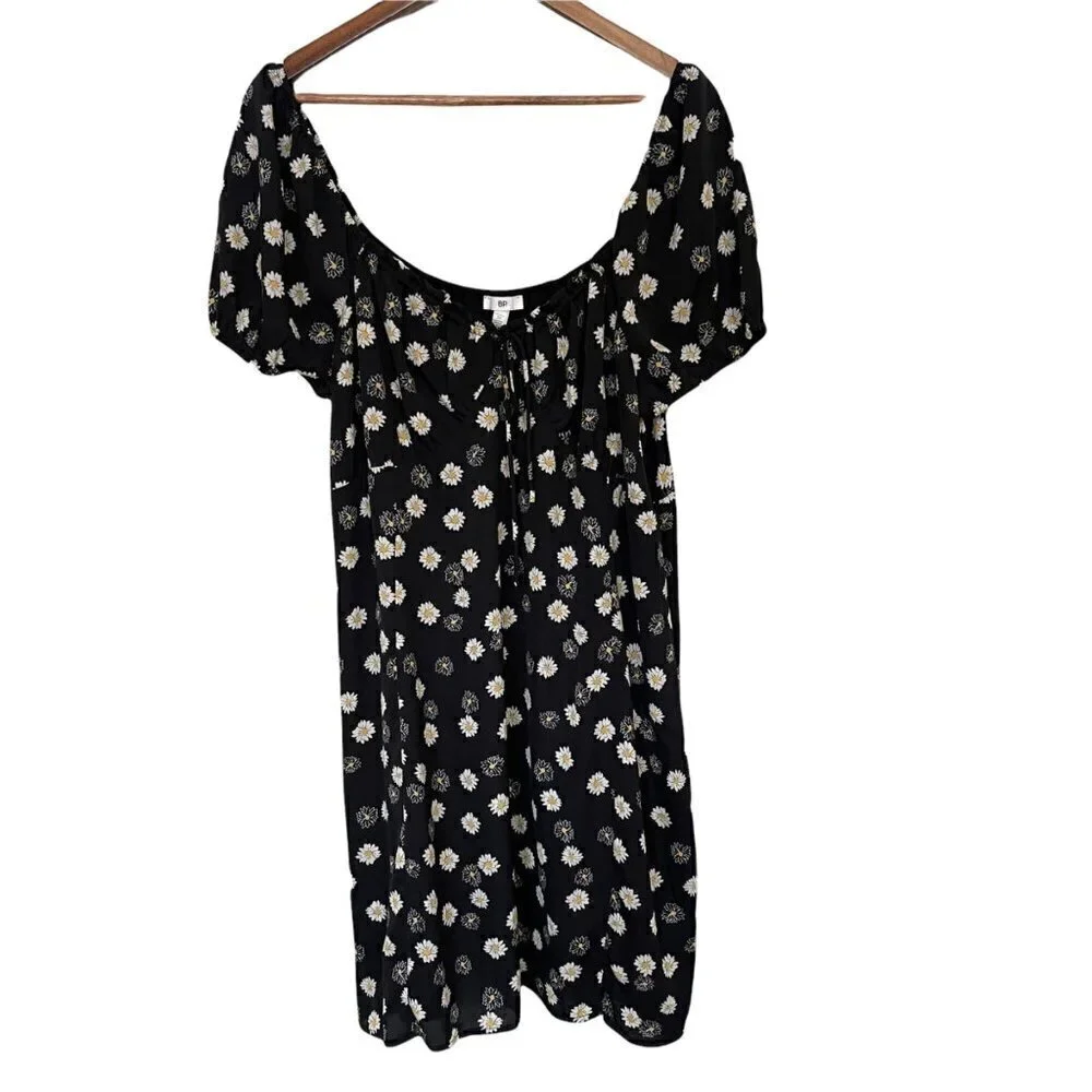 BP Women's NWOT Black Bohemian Y2K Cottage Ditsy Floral Tie Front Mini Dress 3X